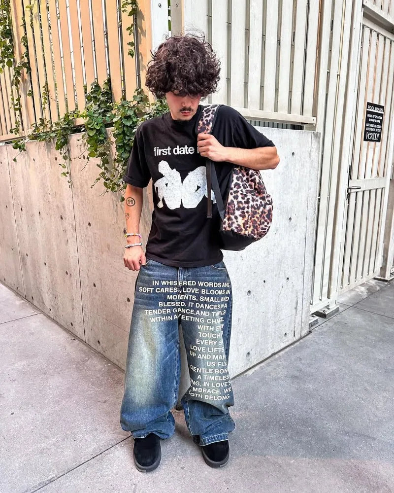 Y2K Vintage Letter Print Jeans / Urban Street Style